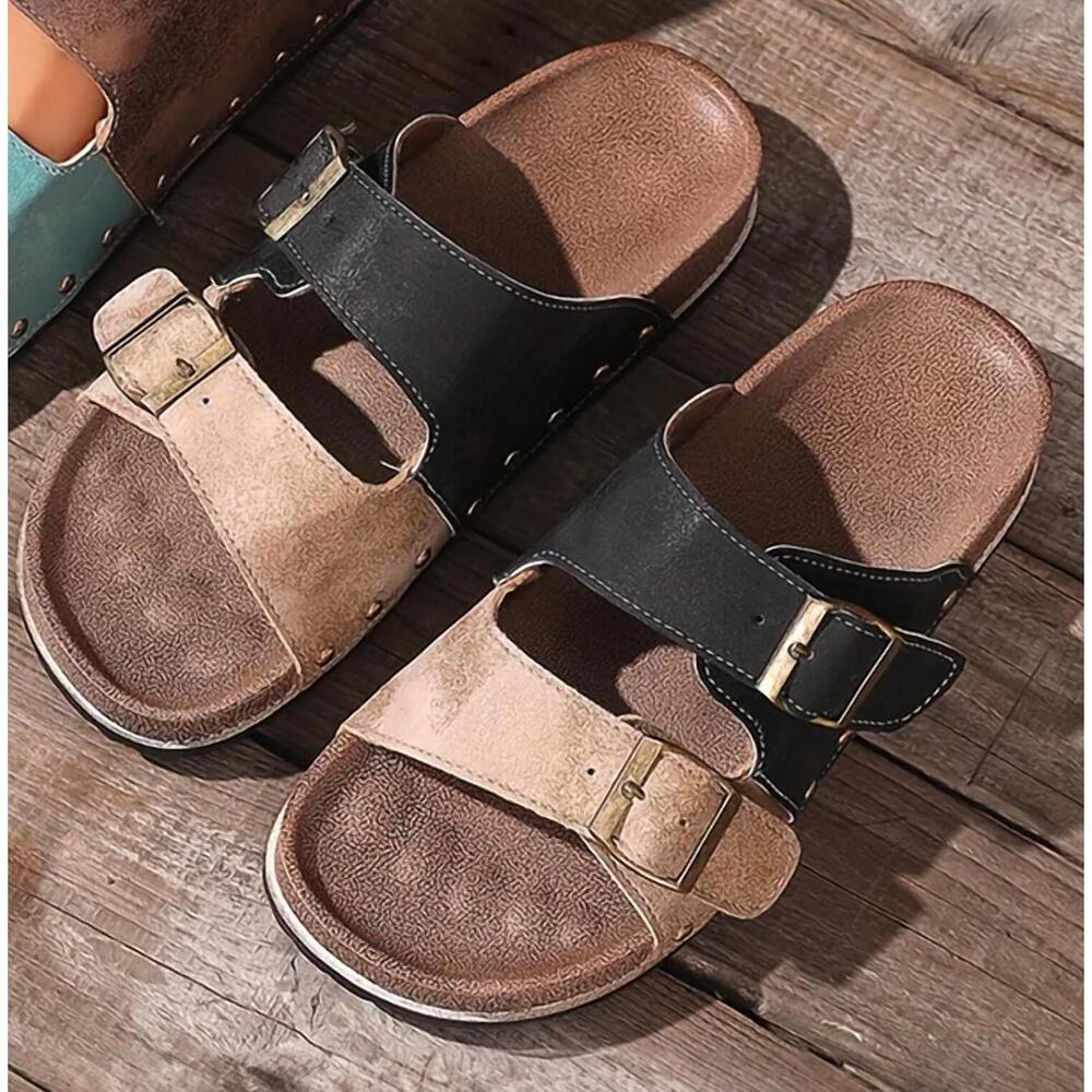 NEW LITTLE DAISY CLOSET women's western suede rivet slip-on sandals in black